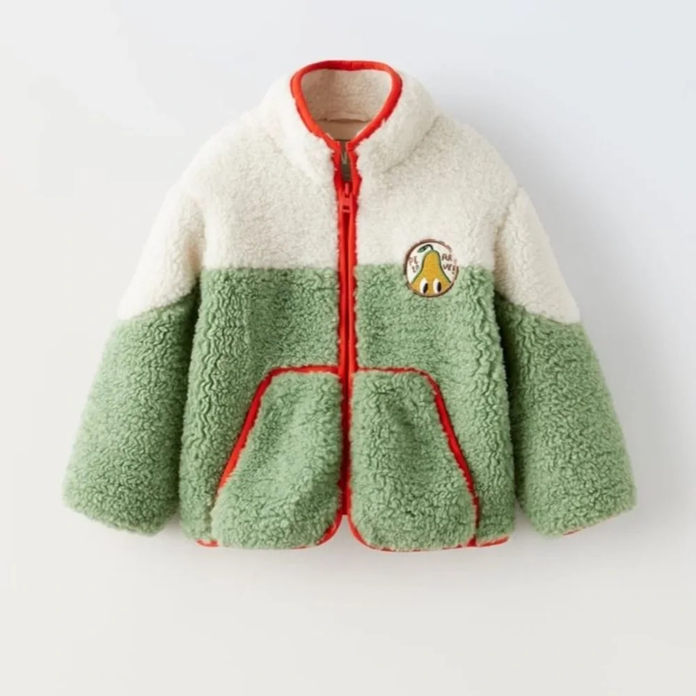 Zara Kids Embroidered Avocado Faux Shearling Jacket